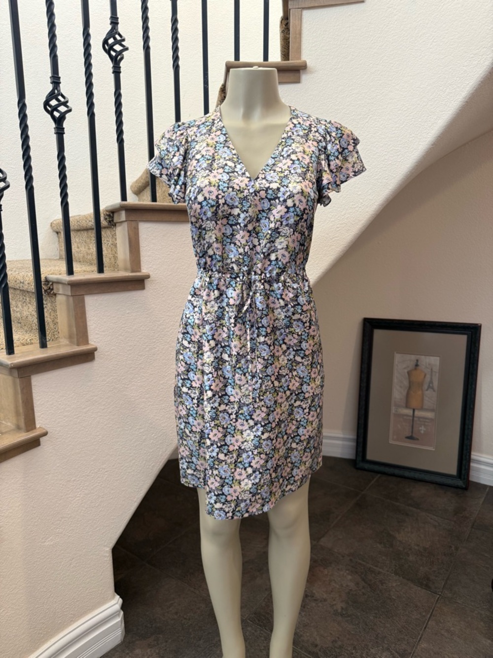 Rebecca Taylor Silk Floral Dress Size 2 Blue Pink Ruffle Sleeve Tie Waist EUC